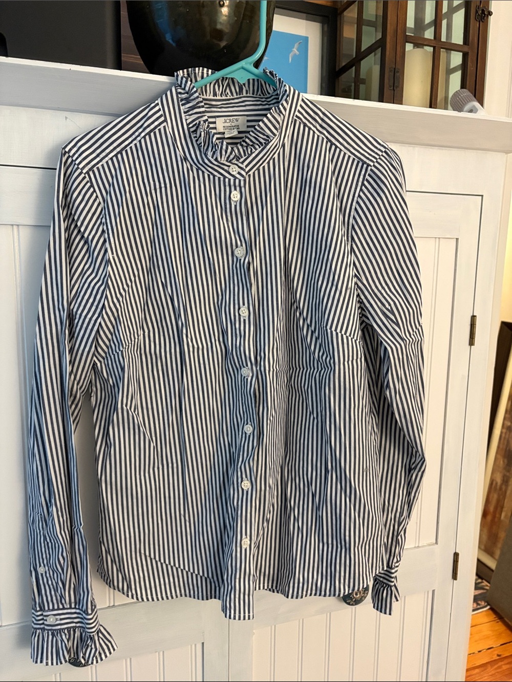 J. Crew Women’s Blue and White Vertical Stripe Band-Collar Button-Down Shirt